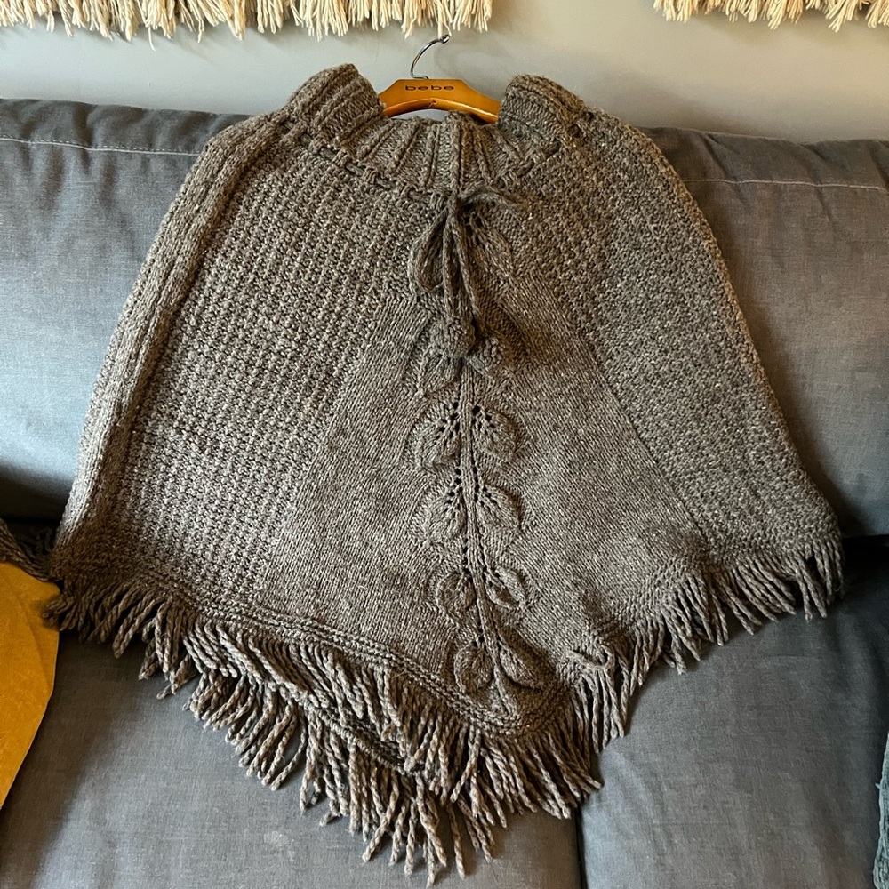 Boho Chic Brown Wool Knit Poncho with Fringe